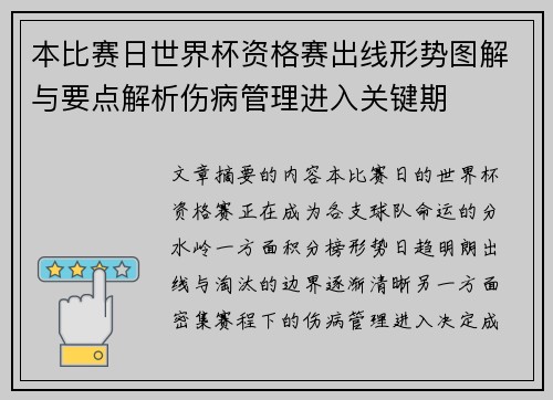 本比赛日世界杯资格赛出线形势图解与要点解析伤病管理进入关键期